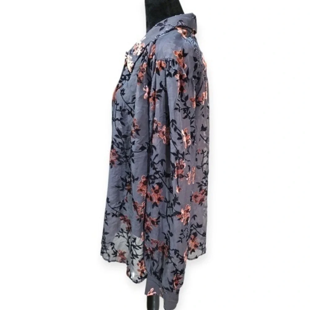 Modcloth Floral Burnout Velvet Sheer Button Up Blouse Grey Navy Pink 4X‎ - Picture 6 of 9